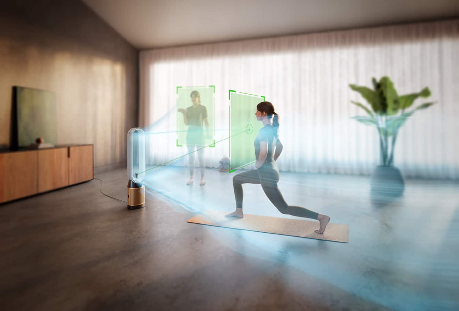 Dyson Find+Follow purifier directing airflow toward people in a room